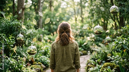 Woman walking through a magical forest path with hanging glass terrariums and glowing leaves creating a fantasy atmosphere.