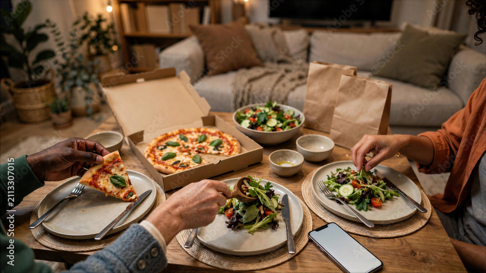 Fototapeta premium Diverse group of friends sharing pizza and fresh salad dinner in a cozy living room, eating takeout food from boxes and paper bags on a coffee table, casual home lifestyle.