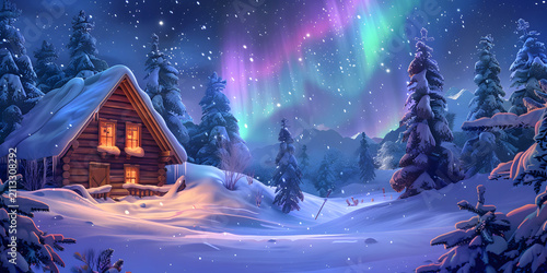 Cozy cabin under vibrant aurora borealis in a snowy forest.