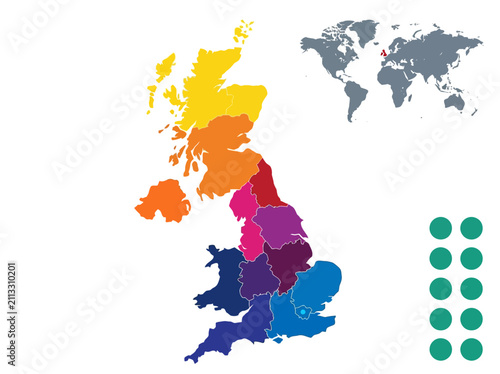 Принти на полотні Colorful United Kingdom Regional Map Infographic with World Map Inset