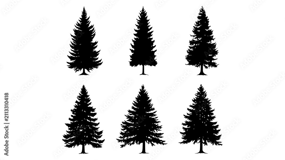Obraz premium Set of Six Silhouetted Evergreen Trees in Various Shapes and Sizes for Nature and Landscape Themes.