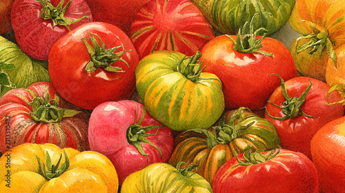 Watercolor full-frame illustration of heirloom tomatoes collection with heirloom tomatoes in diverse shapes and colors, with fine textured detail across the composition