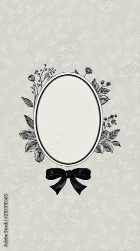 Elegant Black White Vector Funeral Card with Oval Frame, Floral Accents, and Bold Bow on Subtle Background