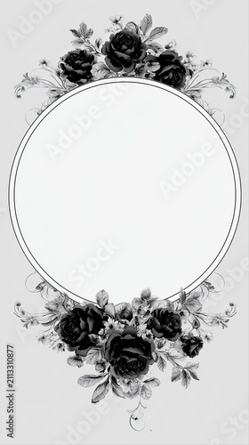 Elegant Black White Vector Funeral Card with Symmetrical Rose Arrangement and Scrollwork Accents on Soft Gray Background