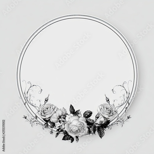 Elegant Black White Vector Funeral Card with Floral Arch, Detailed Roses, and Subtle Background Pattern