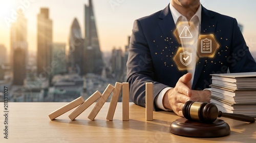 Business professional stopping domino effect with hand, symbolizing risk management and preventing financial crisis, with law gavel and stacks of documents
