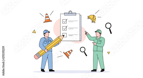 Construction Safety Inspection. Workers with Checklist. Flat Vector Illustration. Industrial Project Management.