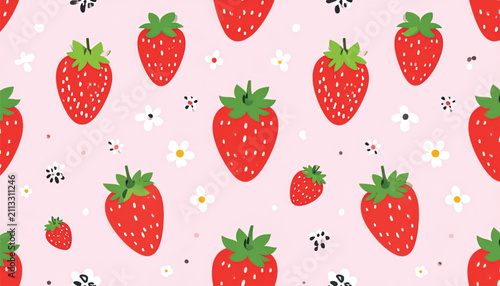 Cute Strawberry Pattern with Flowers and Dots on Pink Background, Vector Illustration