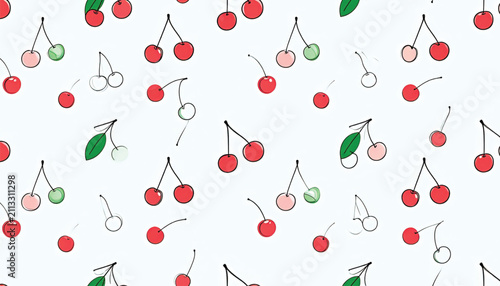 Whimsical Cherry Pattern Vector Illustration - Cute Fruit Design with Pink, Red, and Green Elements