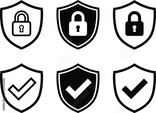 Set of security shield icons with locks and check marks Vector