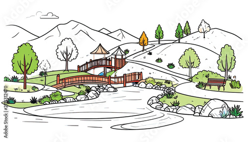 Whimsical Cartoon Landscape with Tree, Path, and Greenery