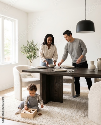 Toddler playing with wooden toys on the dining room floor while parents set the table, enjoying togetherness and happy moments in modern minimalist home interior