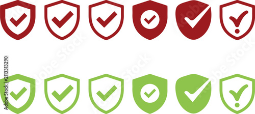 Set of green shield icons with check mark symbols Vector