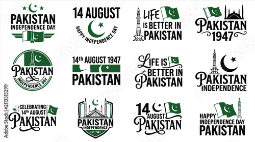 Obraz na płótnie Pakistan Independence Day typography set, 12 green and black 14 August labels, p