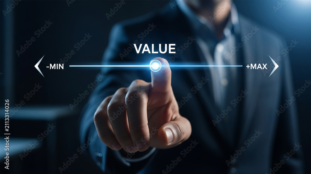 Fototapeta premium Executive touches a holographic slider control to modify the value range on an interactive display.