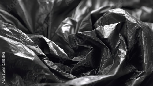 Black crinkled plastic texture, crumpled dark foil or garbage bag material, reflective highlights and deep shadows, chaotic folds background 