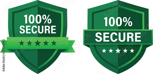 Green shield icons with 100 percent secure text and stars Vector