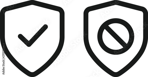 Black shield icons with check mark and forbidden symbol Vector
