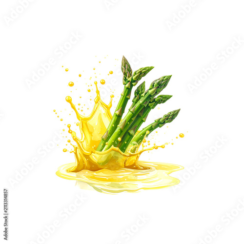 A bunch of fresh green asparagus on a white background.