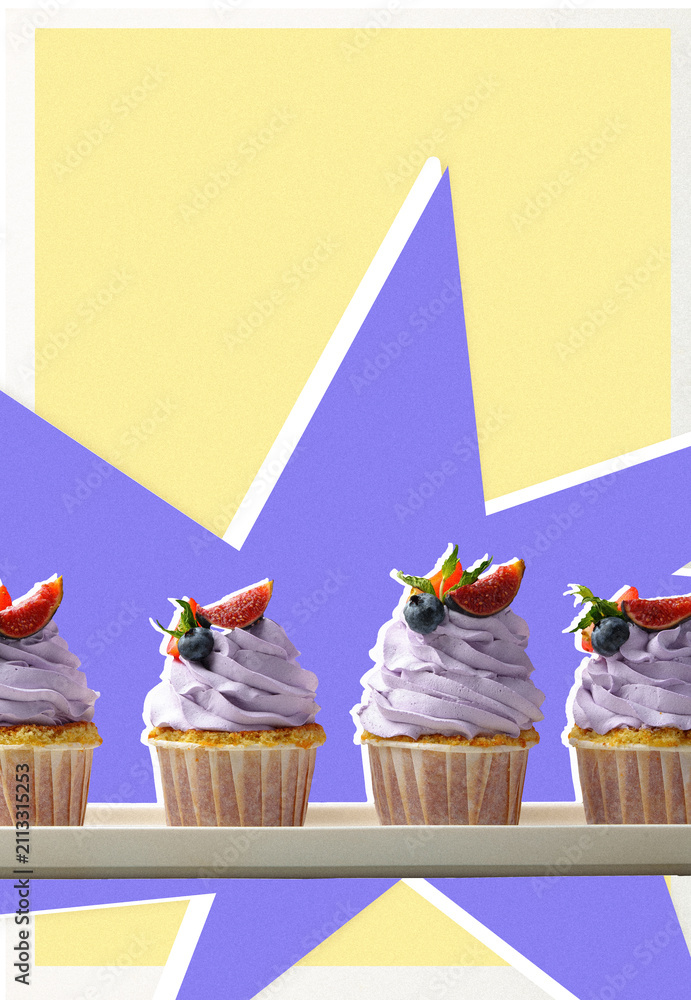 Obraz premium Happy birthday party with cupcakes on a table near a colorful background