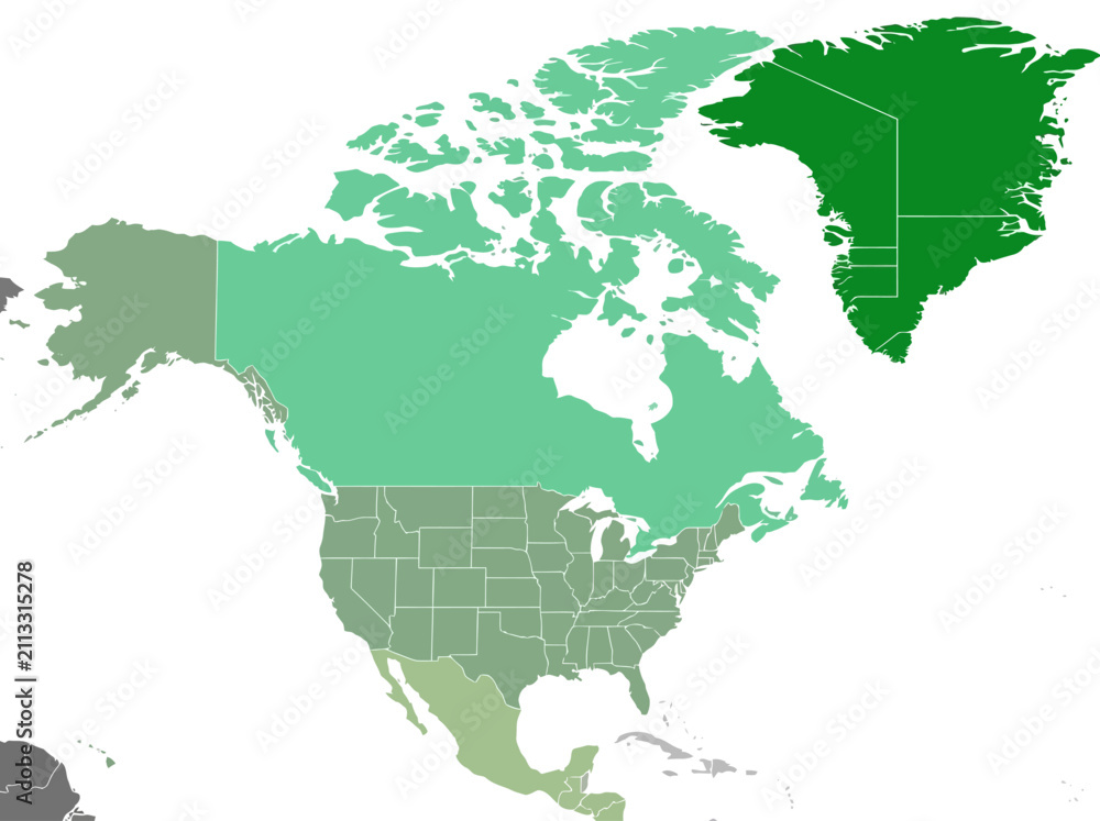 Fototapeta premium Green Vector Map of North America with USA States and Greenland
