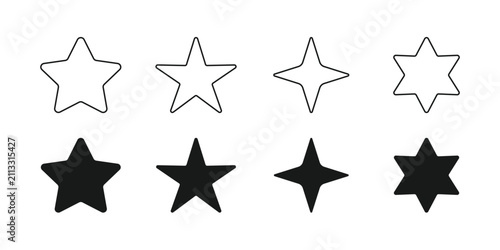 Star icons set with magic stars shining sunbursts and glitter effects cad drawing flat vector illustration black outline.