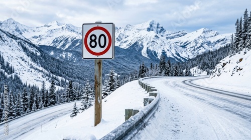 Winter Mountain Road With Eighty Speed Limit Sign