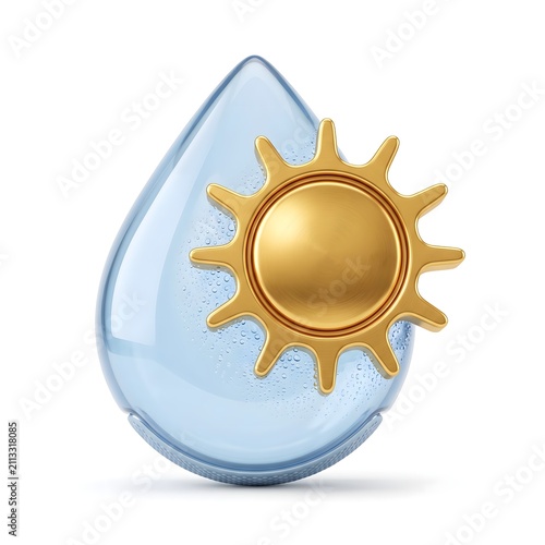 Glossy water drop with golden sun icon, 3D weather forecast symbol, blue liquid droplet and metallic sun element for climate and nature concepts