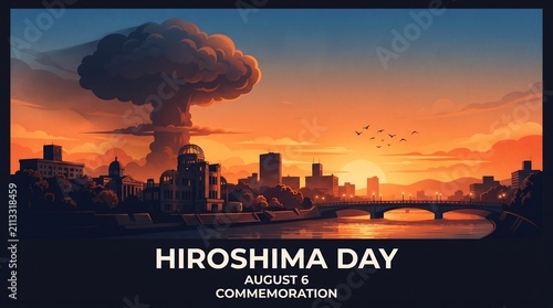 Hiroshima day memorial illustration featuring city skyline and mushroom cloud