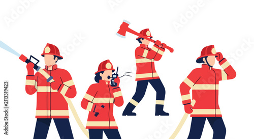 Firefighter Team. Professional Group. Flat Vector Illustration. Uniformed Rescuers. Emergency Service