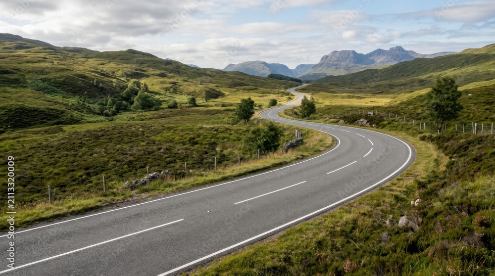 Obraz premium Winding Mountain Road Through Grassy Highlands Scenic Journey Towards Distant Peaks