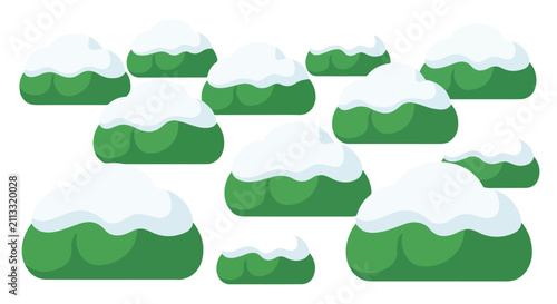 Snow Covered Green Bushes. Winter Plant Elements. Flat Vector Illustration. Nature Decor Assets.