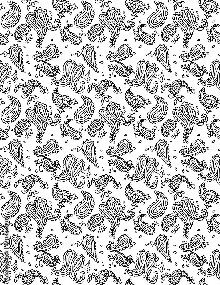 Fototapeta premium Seamless Pattern of Hand-Drawn Leaves and Botanical Shapes in Monochrome Line Art Style
