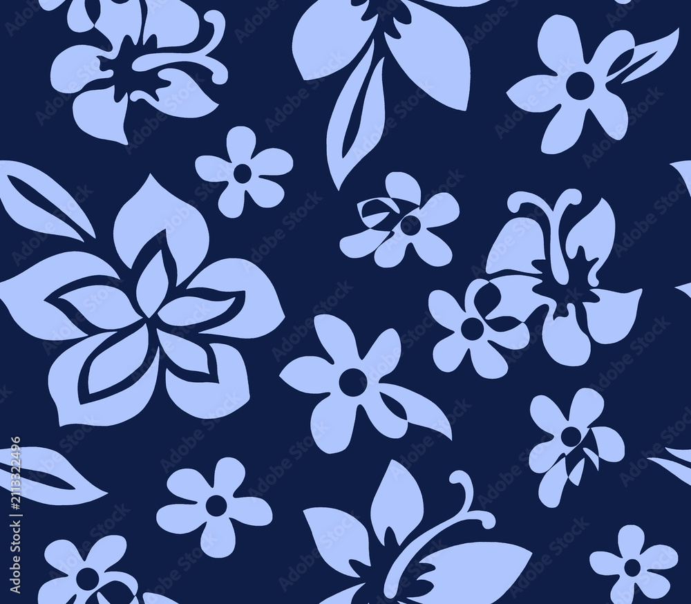 Fototapeta premium White Floral Pattern on Dark Blue Background Vector Seamless Repeat Illustration