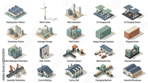 Comprehensive collection of renewable energy infrastructure and utility systems including solar, wind, hydrogen storage, and