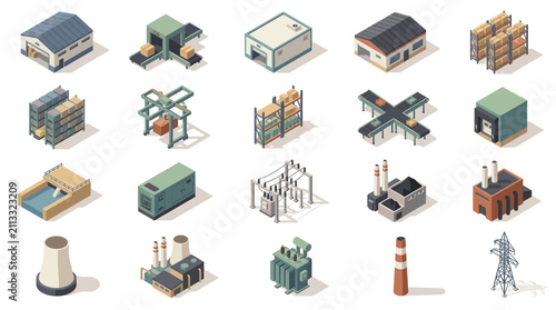 Collection of Isometric Building Structures and Industrial Facilities Illustrating Architecture and Infrastructure Designs in a