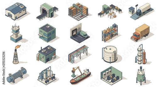 Collection of industrial and manufacturing facility illustrations showcasing various production and storage environments in