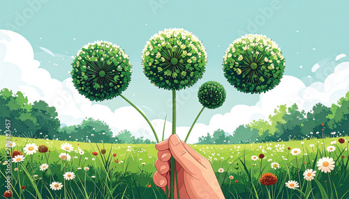 Vibrant Daisies and Lush Greenery in a Stylized Meadow Illustration