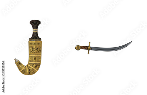 Fotografía Traditional Middle Eastern Khanjar Dagger and Curved Scimitar Sword Set Isolated