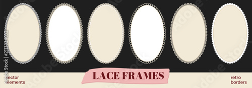 Retro scallop frames with lace border and doily pattern. Feminine oval or ellipse shapes in beige and white eyelet crochet for photo. Vector retro frame set with scalloped trim on black background