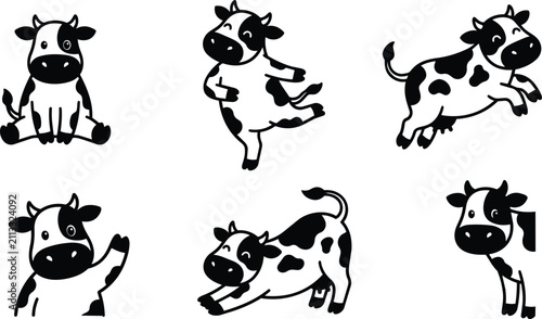 Playful vector cows in various poses for farm themed illustrations, line art style
