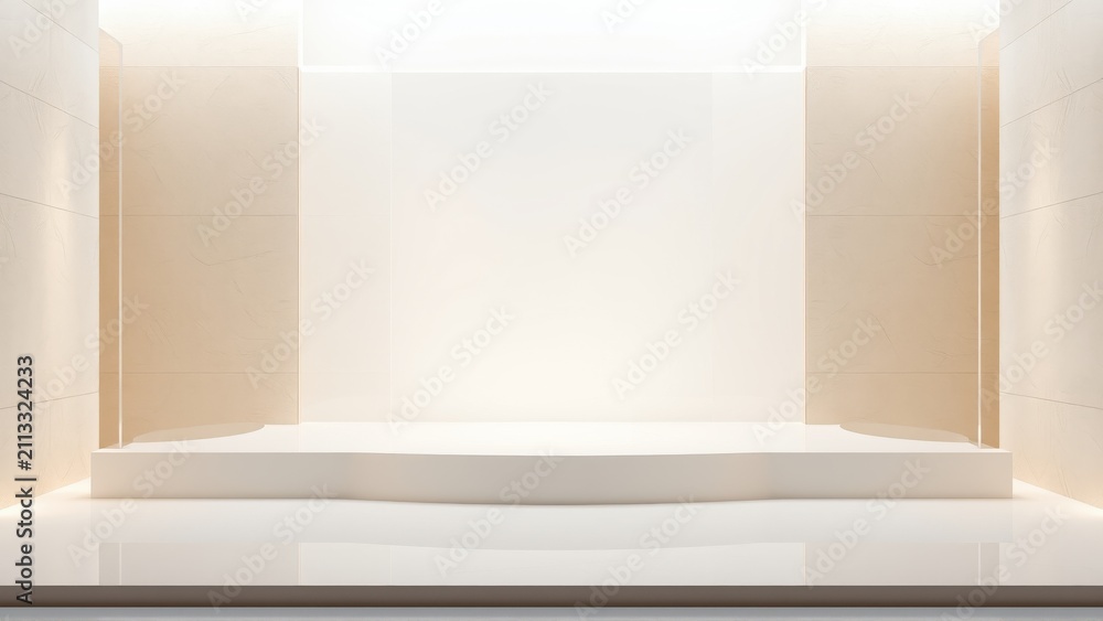 Fototapeta premium Empty stage. Minimalist design. Bright lighting highlights platform. Clean lines, neutral tones create modern space. Focus on presentation area.