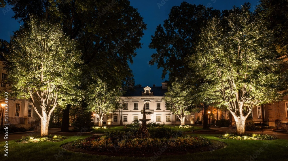 Fototapeta premium Elegant Mansion Illuminated at Night with Fountain and Lush Trees.