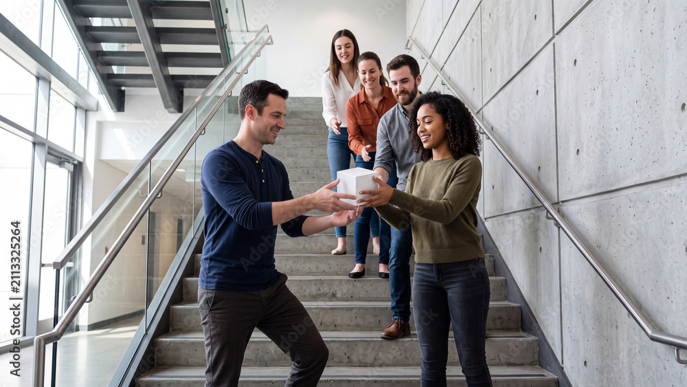 Obraz premium Diverse team collaborating and passing a white cube on a modern office staircase.