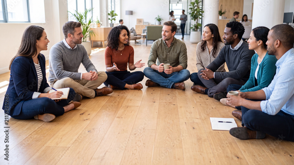 Fototapeta premium Diverse business team sitting on floor in a circle, engaged in informal discussion.