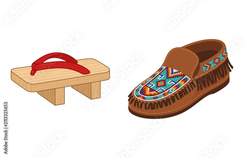 Obraz na płótnie Traditional Japanese geta sandal and Native American beaded moccasin on white