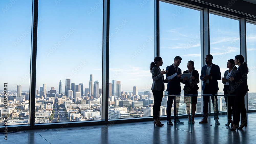 Fototapeta premium Diverse business professionals collaborating in a modern office with a panoramic city skyline view.