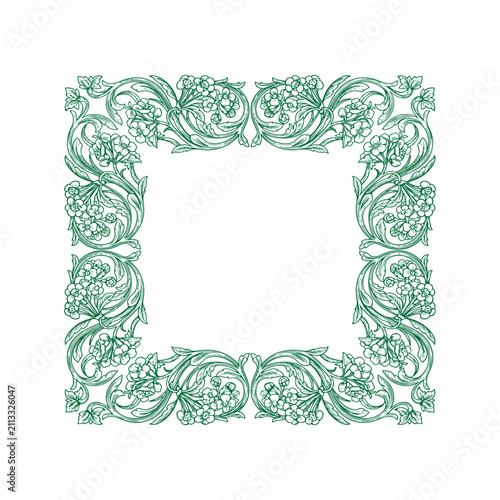 Elegant green floral frame with intricate scrolling vines and clustered blossoms on white background