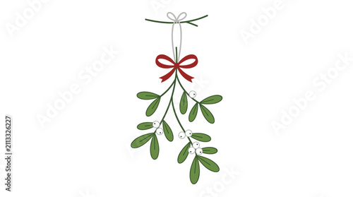 Christmas mistletoe with red bow and white berries hanging on white background