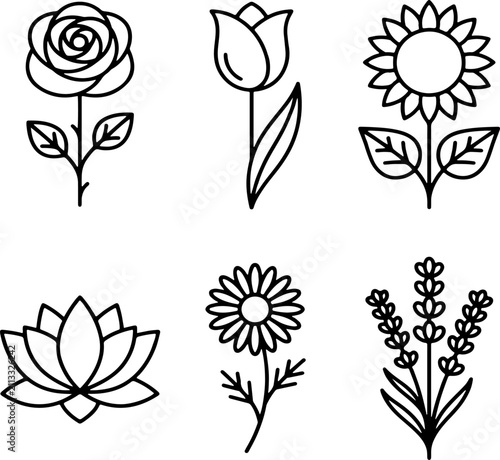 Six delicate line art floral icons including rose tulip sunflower lotus daisy lavender on white
